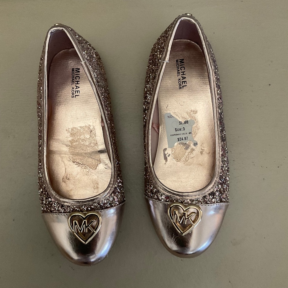New MK Rose gold glitter flats ballet shoes slip on metallic girl back holiday 4